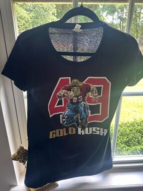 Black Graphic Tee with Red & Gold Sports-Inspired Print